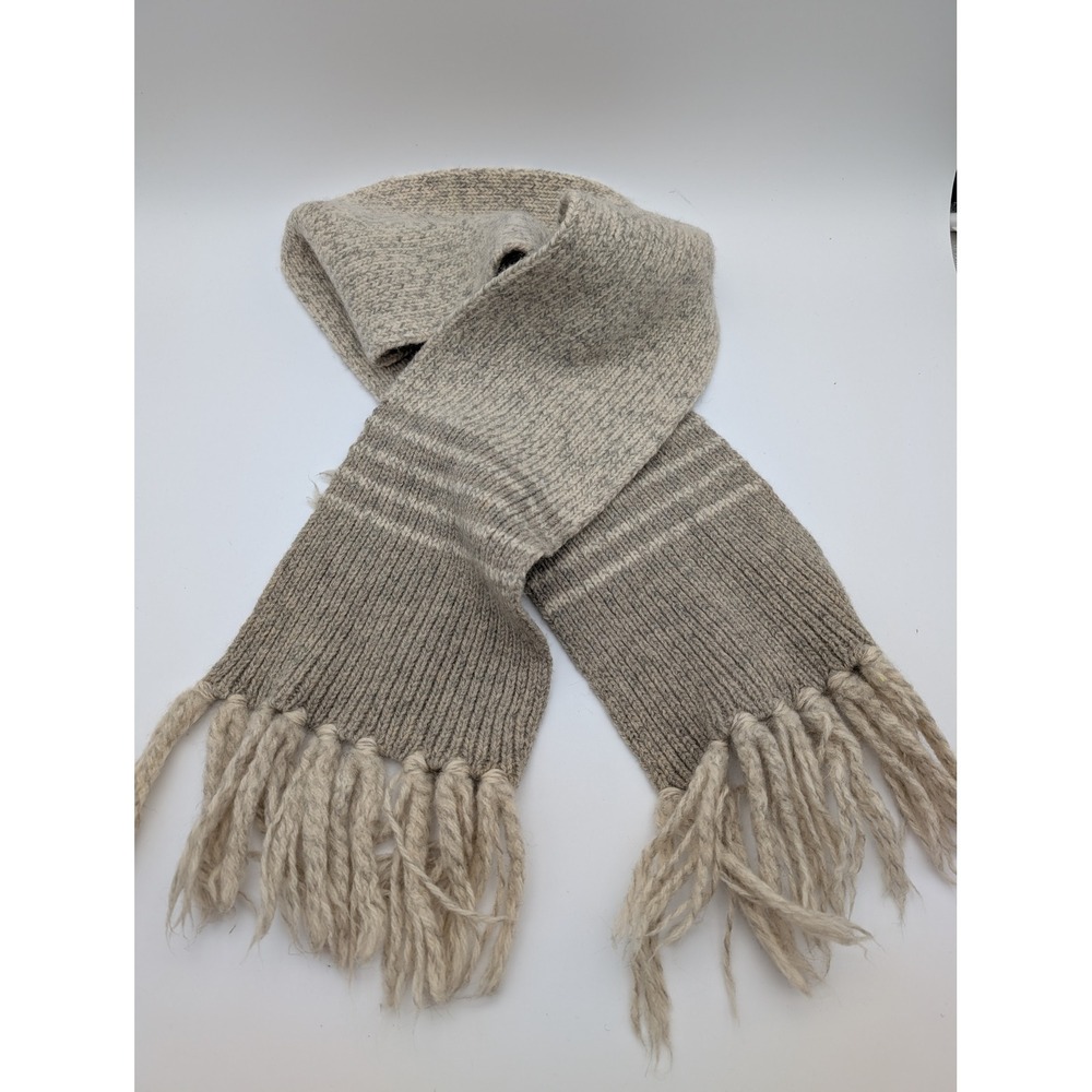 Vintage 100% Pure Virgin Wool Ribbed Knit Fringe Scarf Heathered Beige Grey 56"